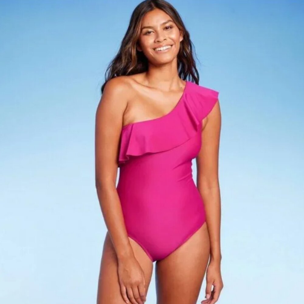 Women's Ruffle One Shoulder Full Coverage One Piece Swimsuit - Kona Sol L 12-14